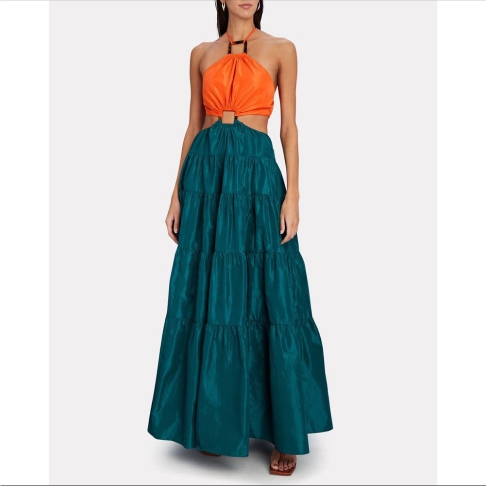 STAUD Dome Taffeta Cut-out Maxi Dress In Green/orange